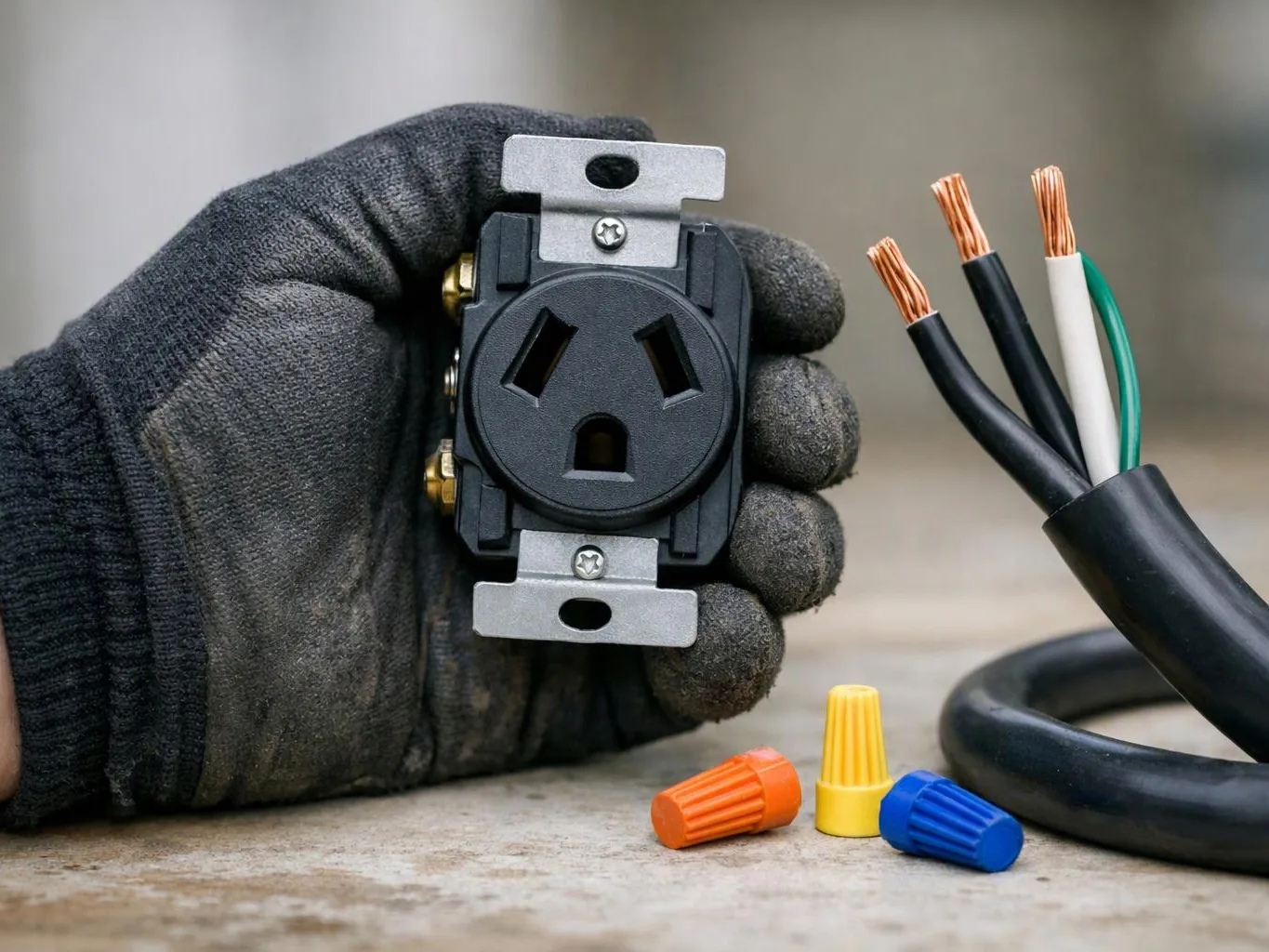 A gloved hand holds a black electrical outlet beside exposed wire ends and colorful wire nuts on a work surface