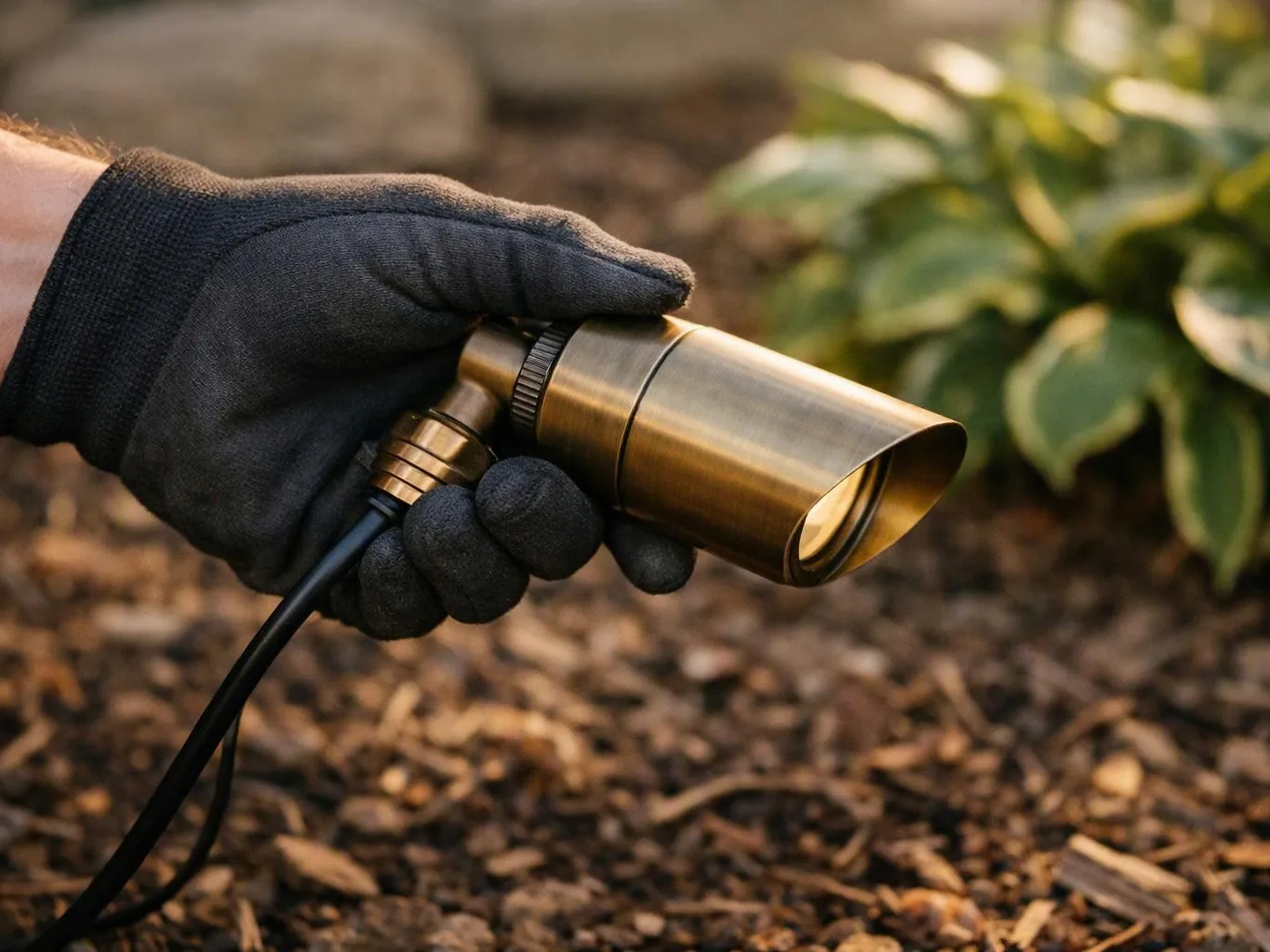 A gloved hand holds a brass garden spotlight above mulch near leafy plants