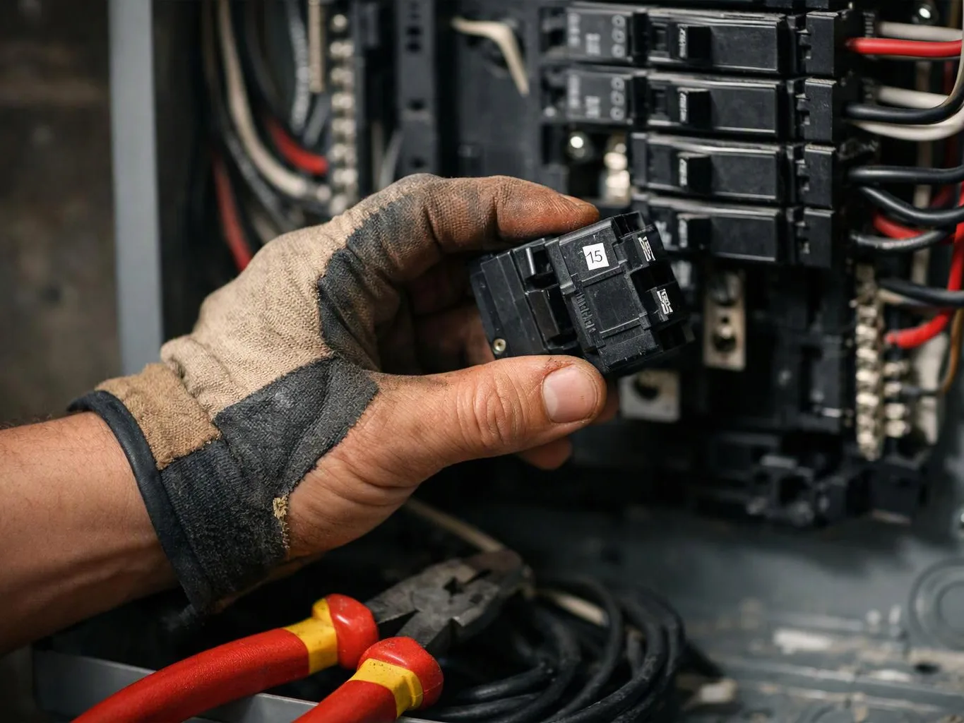 A gloved hand holds a circuit breaker near an open electrical panel with wires and tools visible