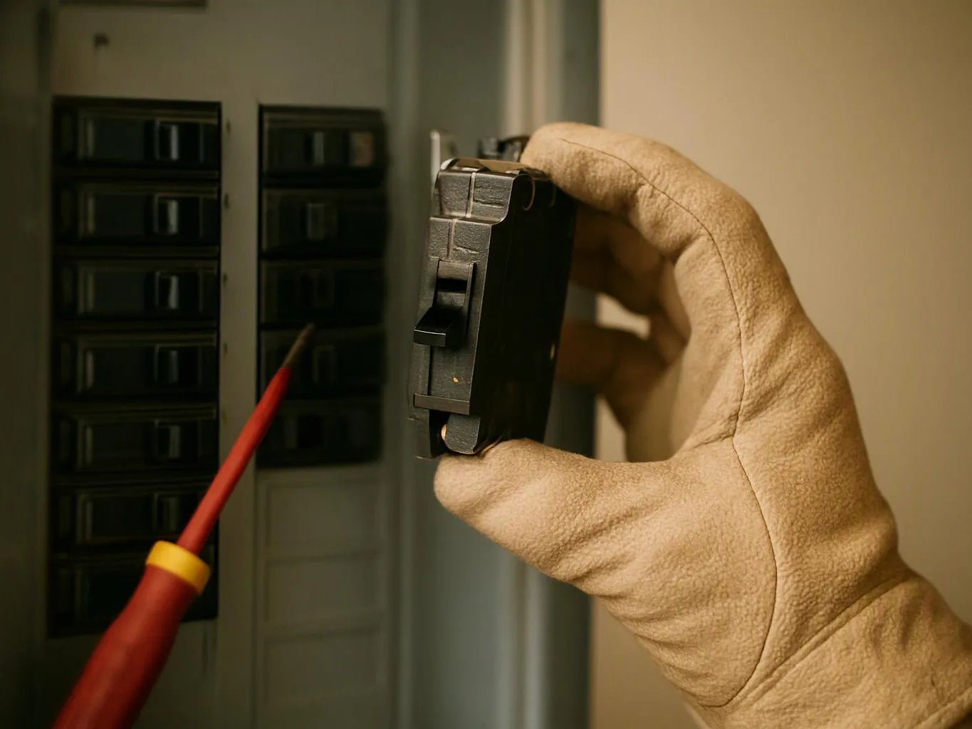 A gloved hand holds a circuit breaker, while a red tester points toward an electrical panel