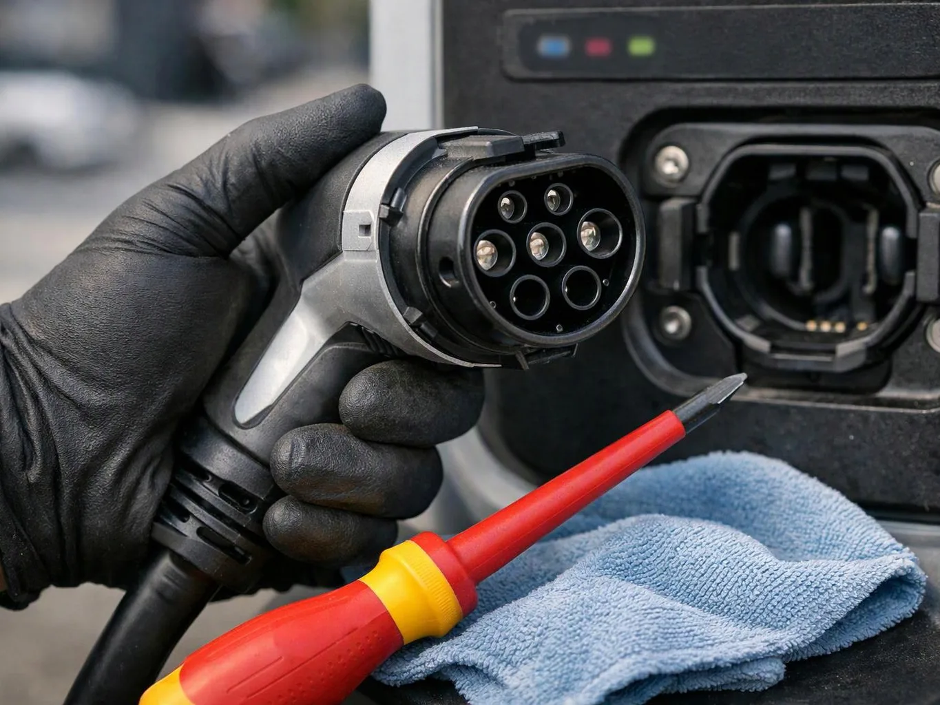 A gloved hand holds an electric car charging plug near a charging port, with a test probe and cloth below