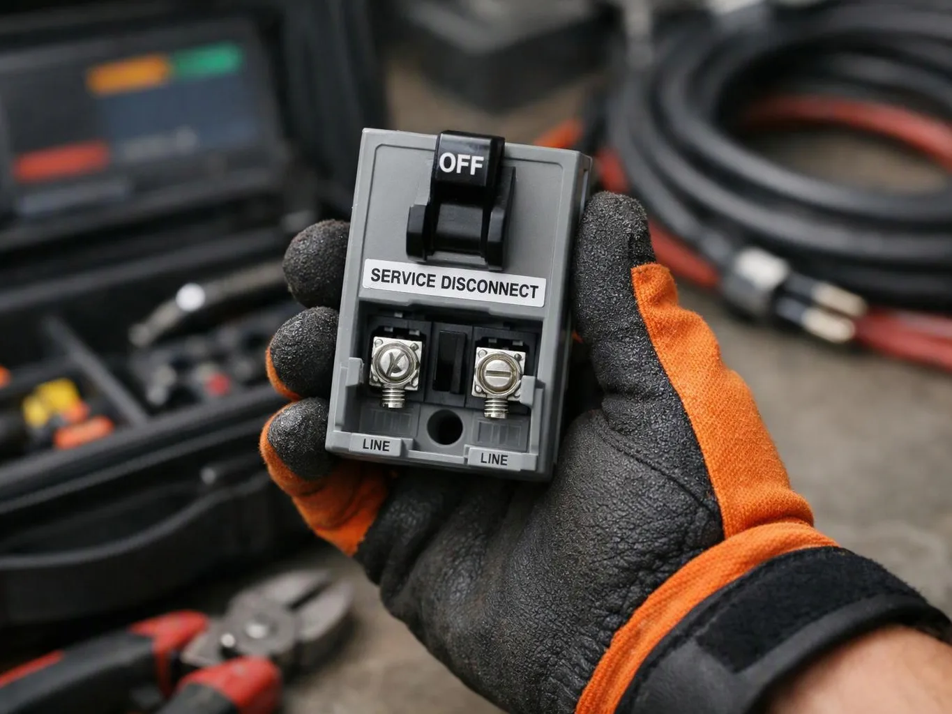 A gloved hand holds a gray service disconnect switch with an OFF lever and line terminals, with tools blurred behind it