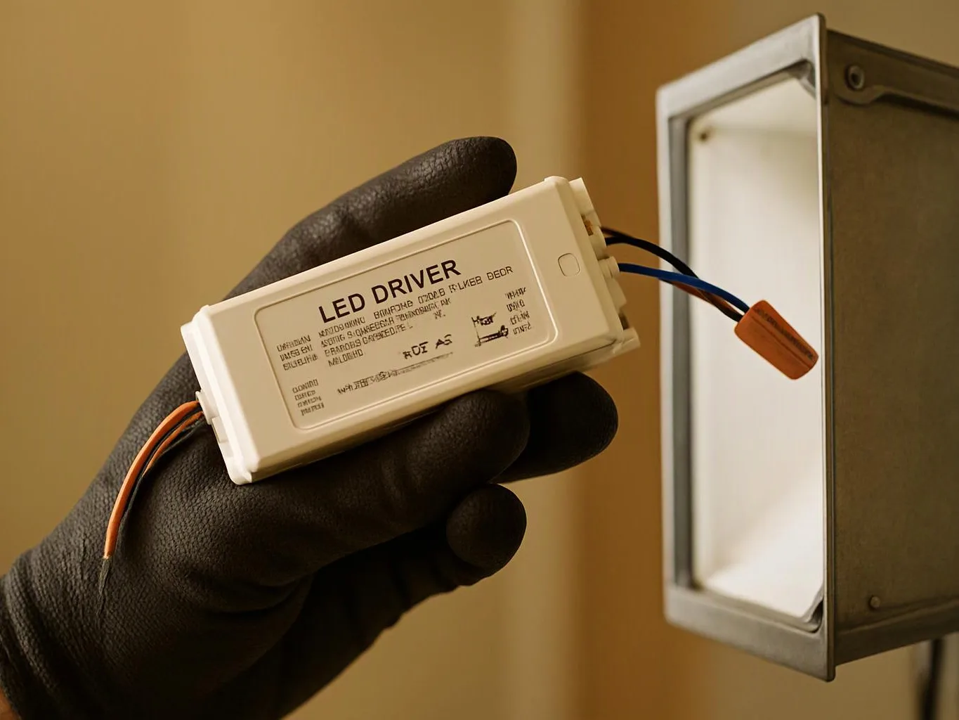 A gloved hand holds an LED driver beside a recessed wall light fixture with wires attached
