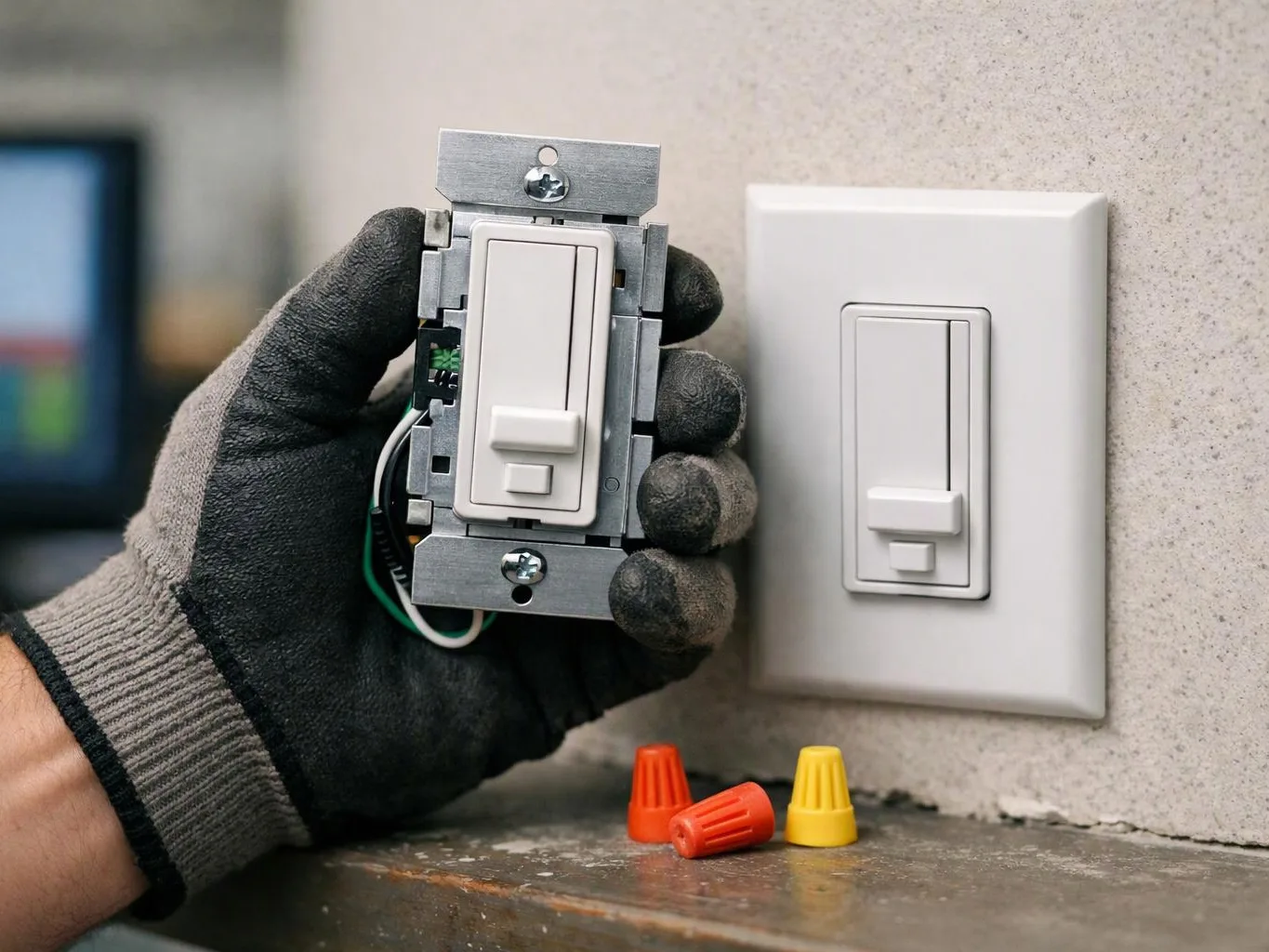 A gloved hand holds a light switch mechanism beside a mounted wall switch with wire nuts on the ledge