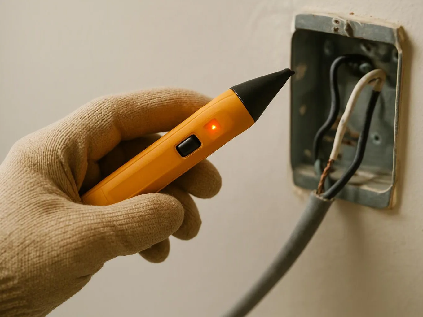 Gloved hand holds a lit voltage tester near exposed electrical wires in a wall box