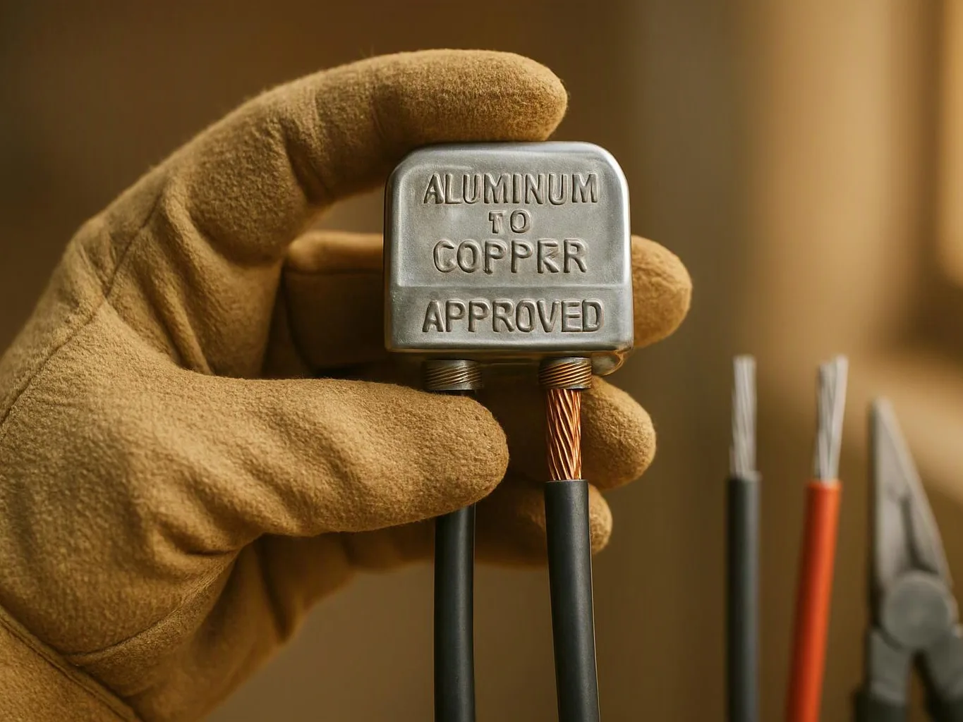 A gloved hand holds a metal electrical connector labeled aluminum to copper approved, with wires and pliers nearby