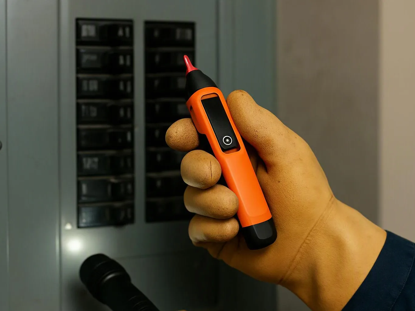 A gloved hand holds an orange voltage tester in front of an electrical breaker panel