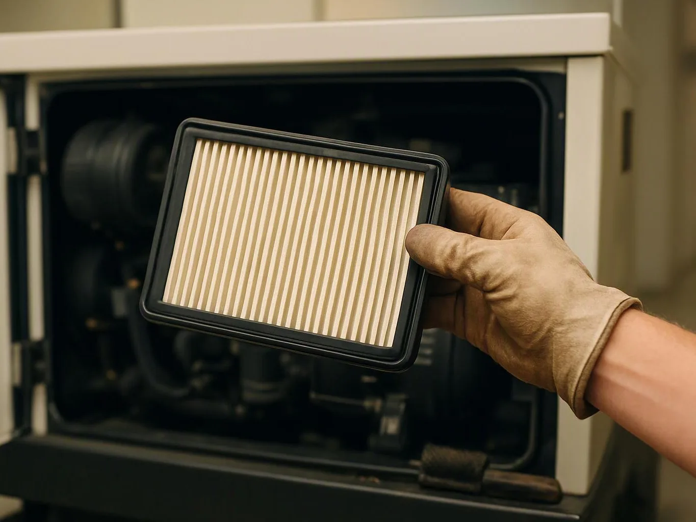 A gloved hand holds a pleated air filter in front of an open machine compartment