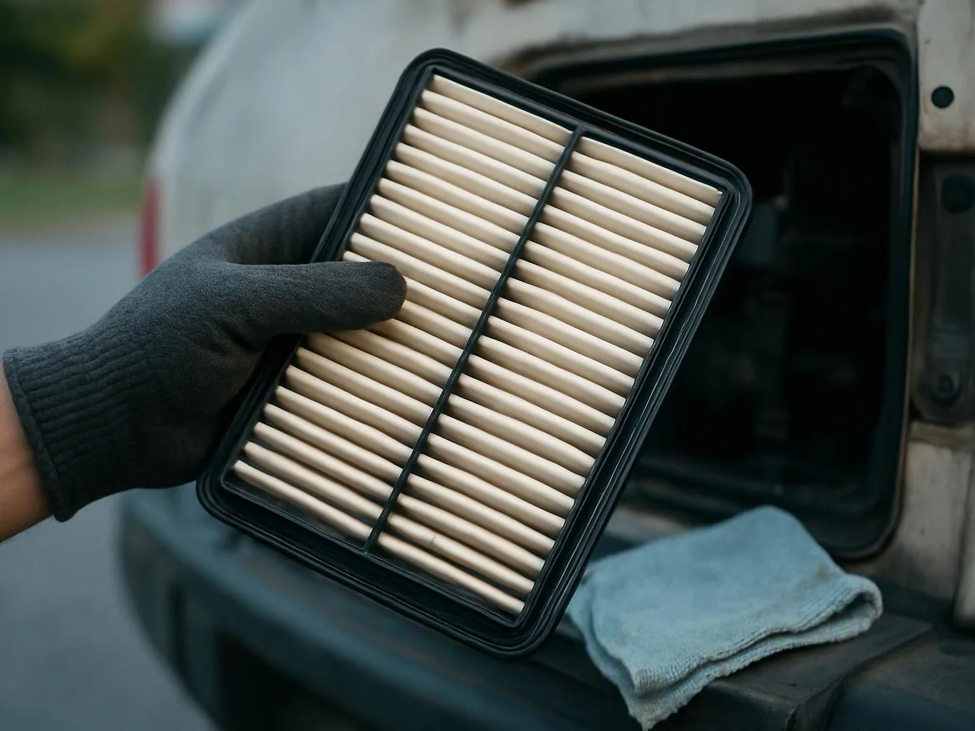 A gloved hand holds a rectangular air filter beside an open vehicle compartment with a cloth resting nearby