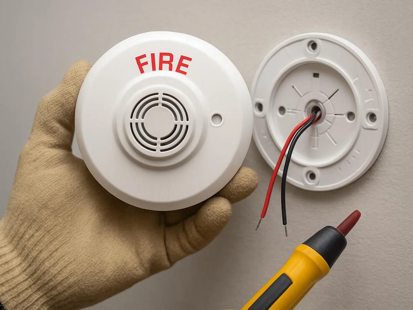 A gloved hand holds a round fire alarm sensor beside a wired wall base, with a tester tool below