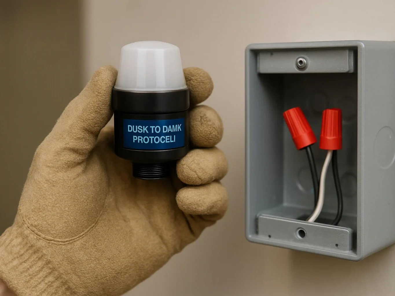 A gloved hand holds a small sensor beside an open gray electrical box with red wire nuts
