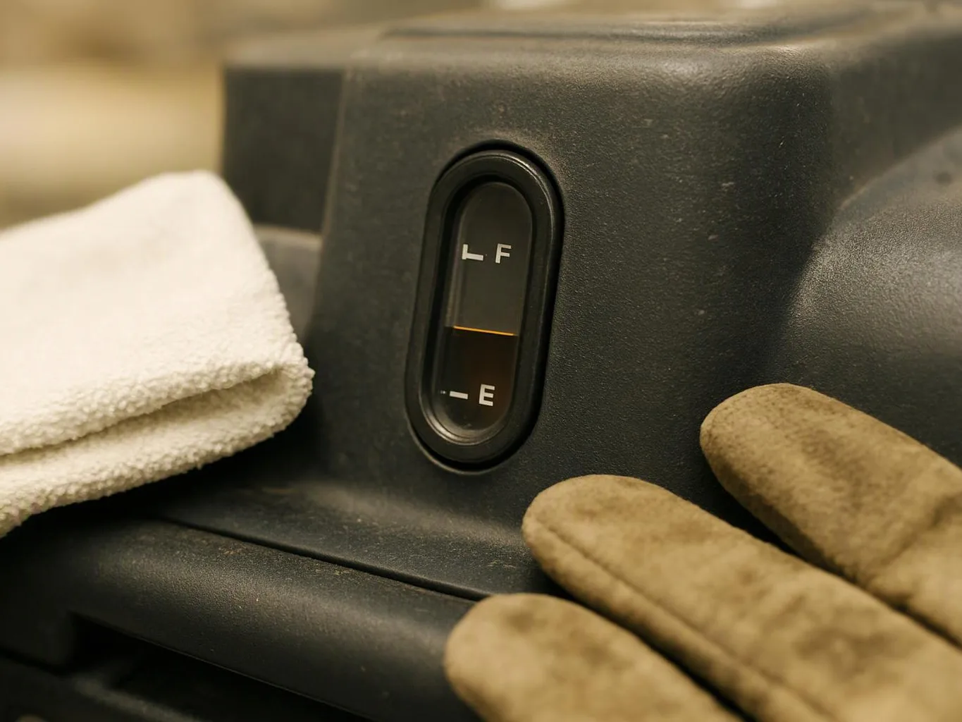 A gloved hand holds a white cloth near a fuel gauge panel showing F and E on a black surface