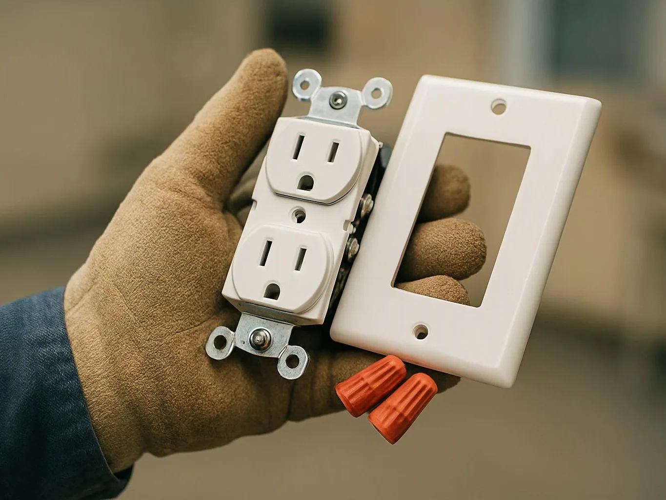 A gloved hand holds a white duplex outlet and matching wall plate with two orange wire nuts below
