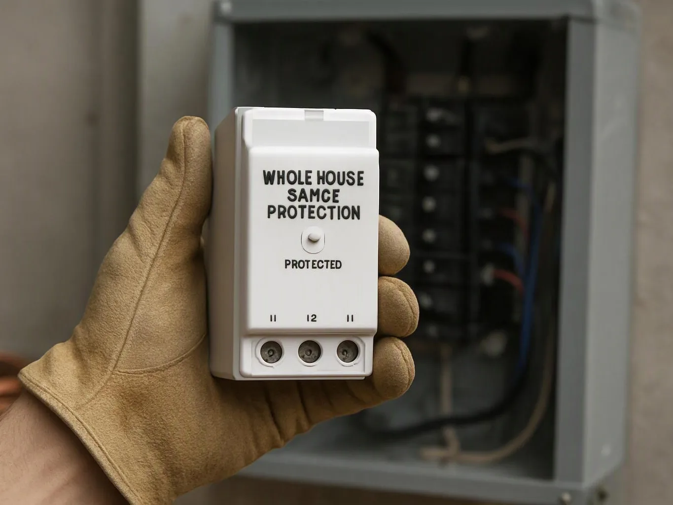 A gloved hand holds a white electrical device labeled “WHOLE HOUSE SAMCE PROTECTION” in front of an open panel
