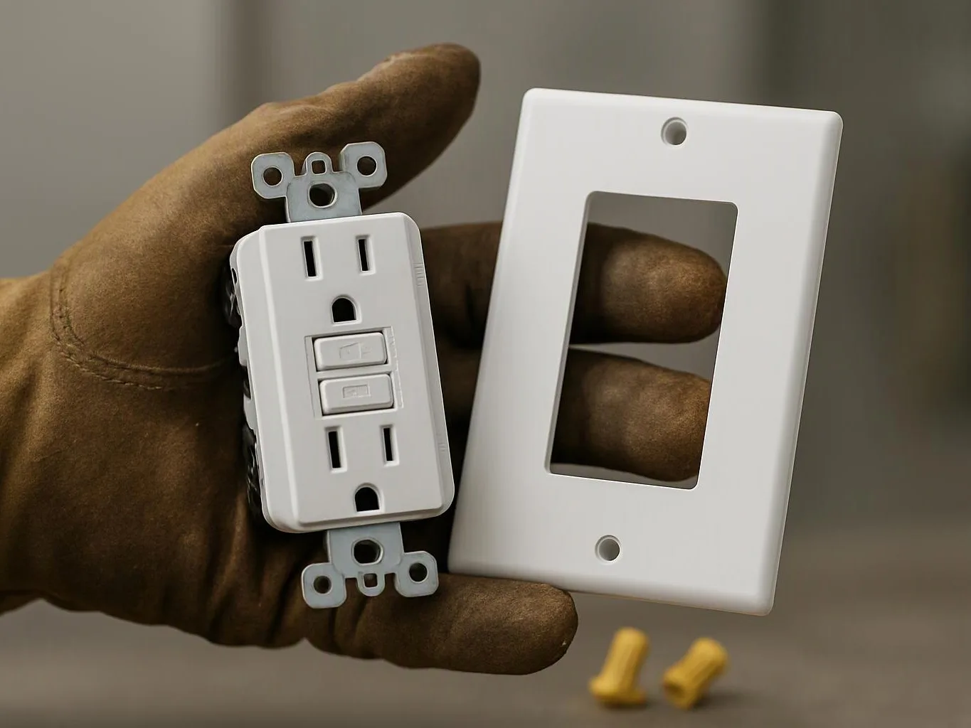 A gloved hand holds a white outlet and a matching wall plate against a blurred background