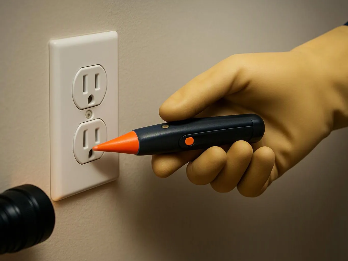 A gloved hand points a voltage tester at a wall outlet on a beige wall