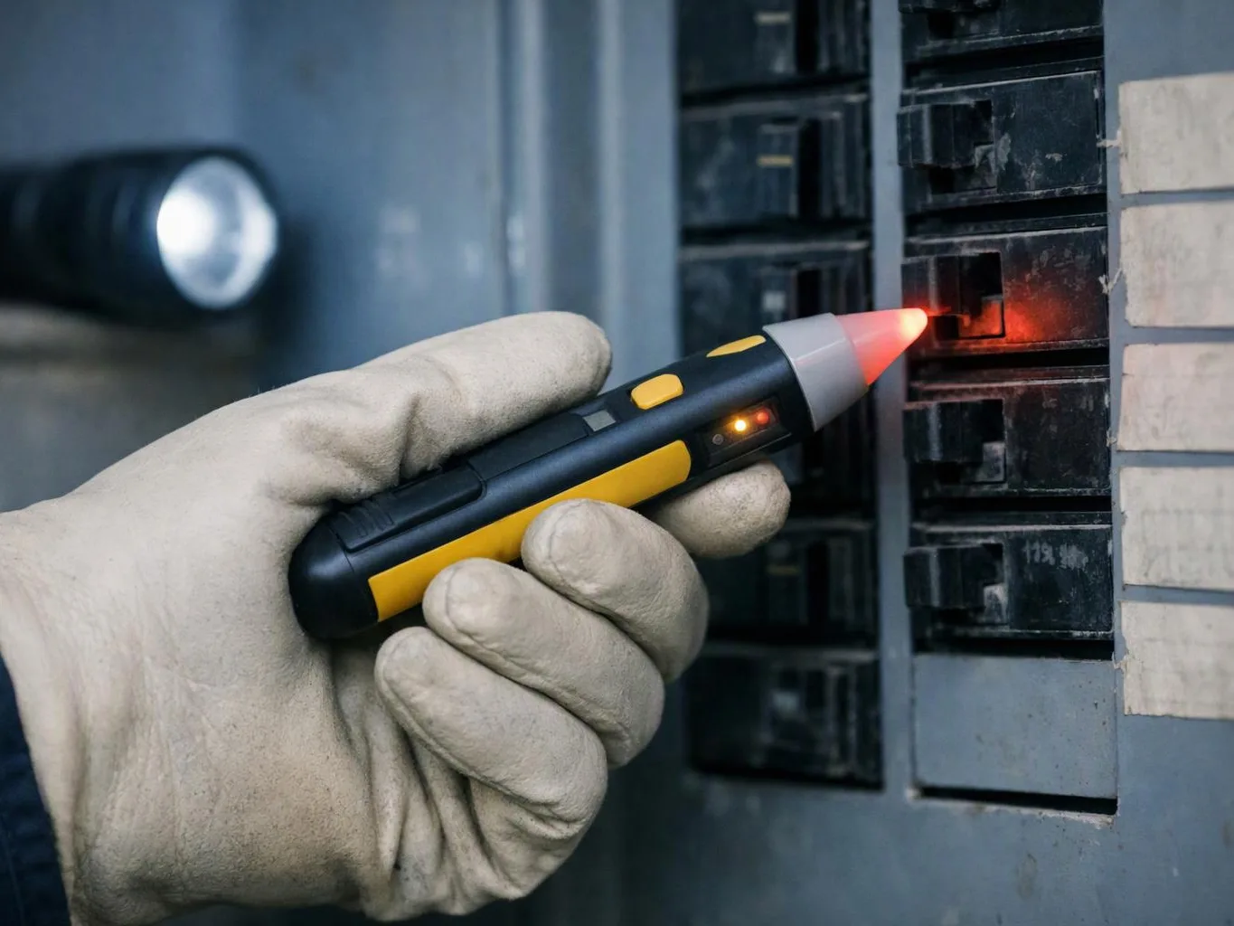 A gloved hand tests an electrical breaker with a glowing voltage pen inside a panel