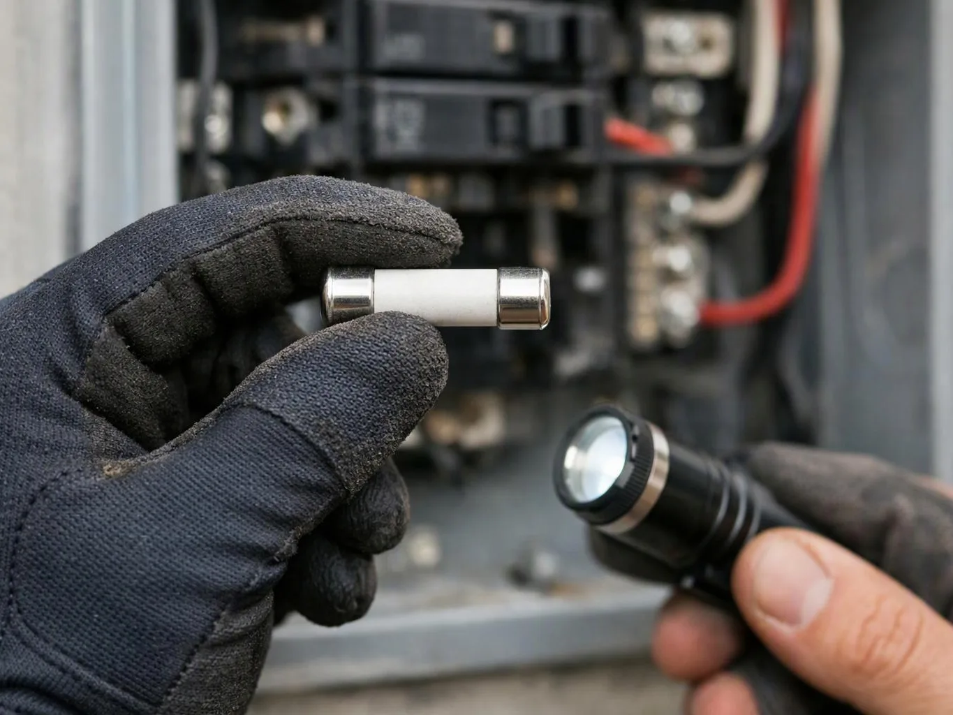 Gloved hands hold a small fuse and a flashlight in front of an open electrical panel
