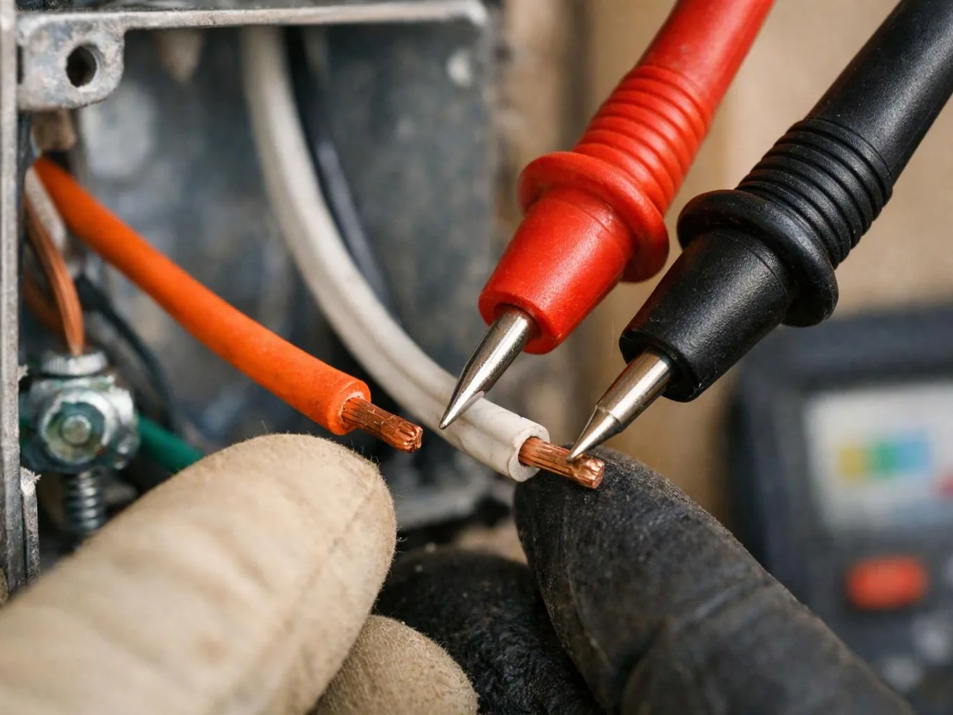 Gloved hands hold test probes near exposed copper wires inside an electrical box