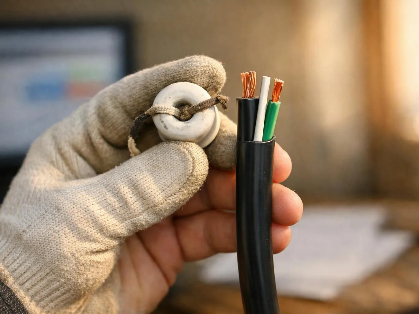 Gloved hands hold a white ceramic insulator and a cut black cable with exposed copper wires