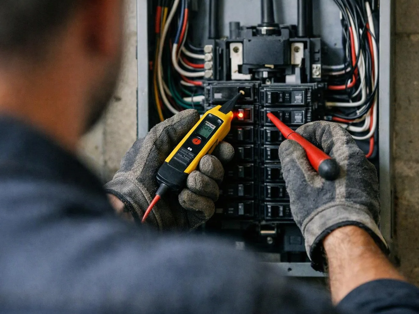 Gloved hands test a circuit breaker panel with probes and a voltage meter inside an open electrical box
