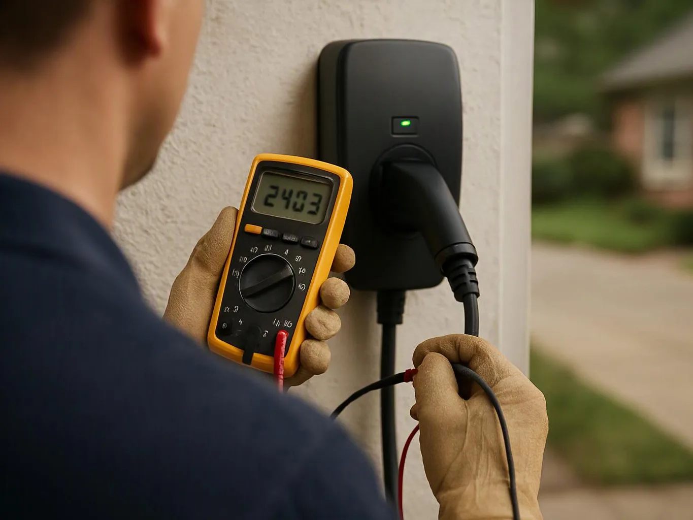A gloved person tests a wall charger with a digital multimeter outside a house
