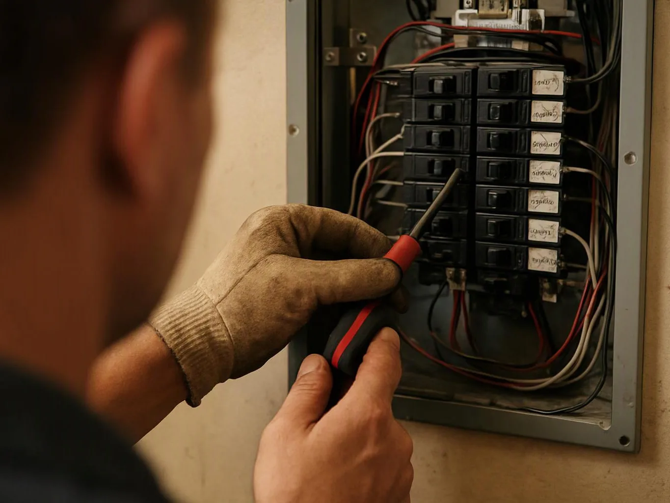 A gloved worker adjusts wiring in an open electrical breaker panel with a screwdriver