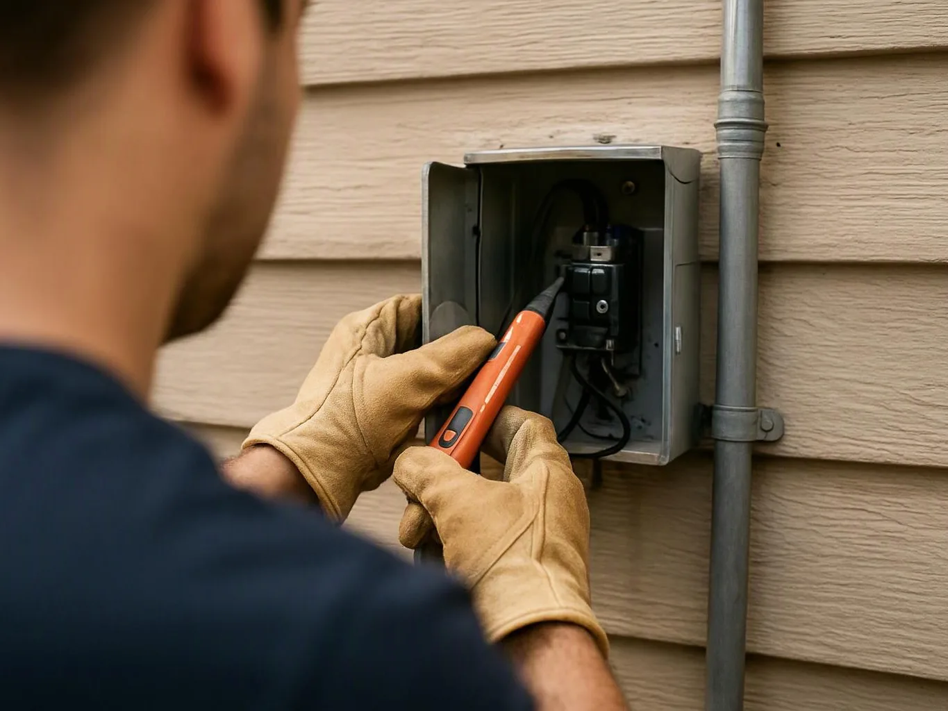 A gloved worker tests an open electrical box on an exterior wall with an orange meter