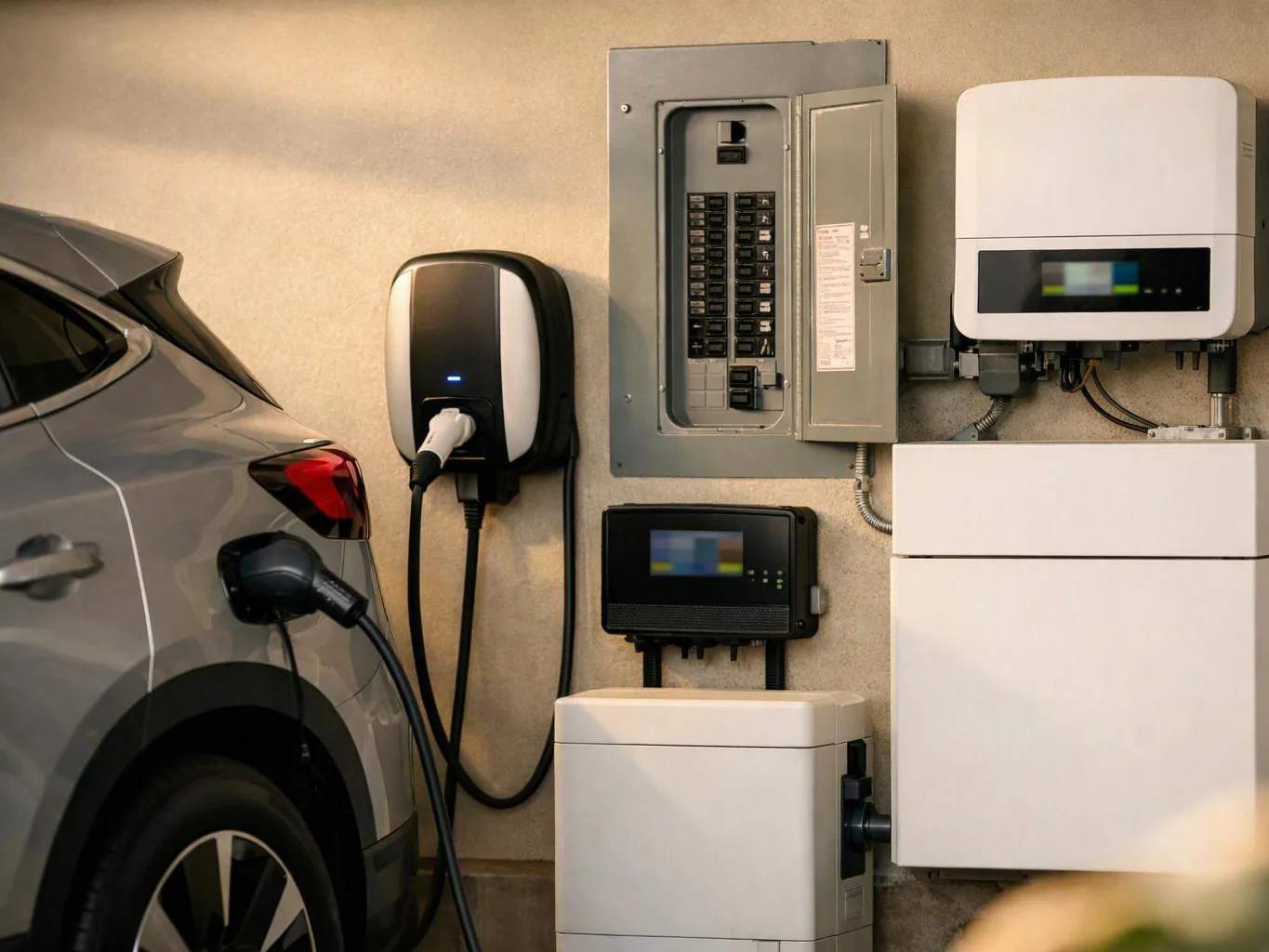 Gray electric SUV charging beside wall-mounted home power equipment and breaker boxes in a garage