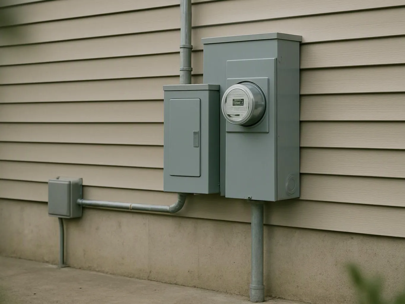Gray electrical meter boxes and conduit are mounted on a beige house wall outside