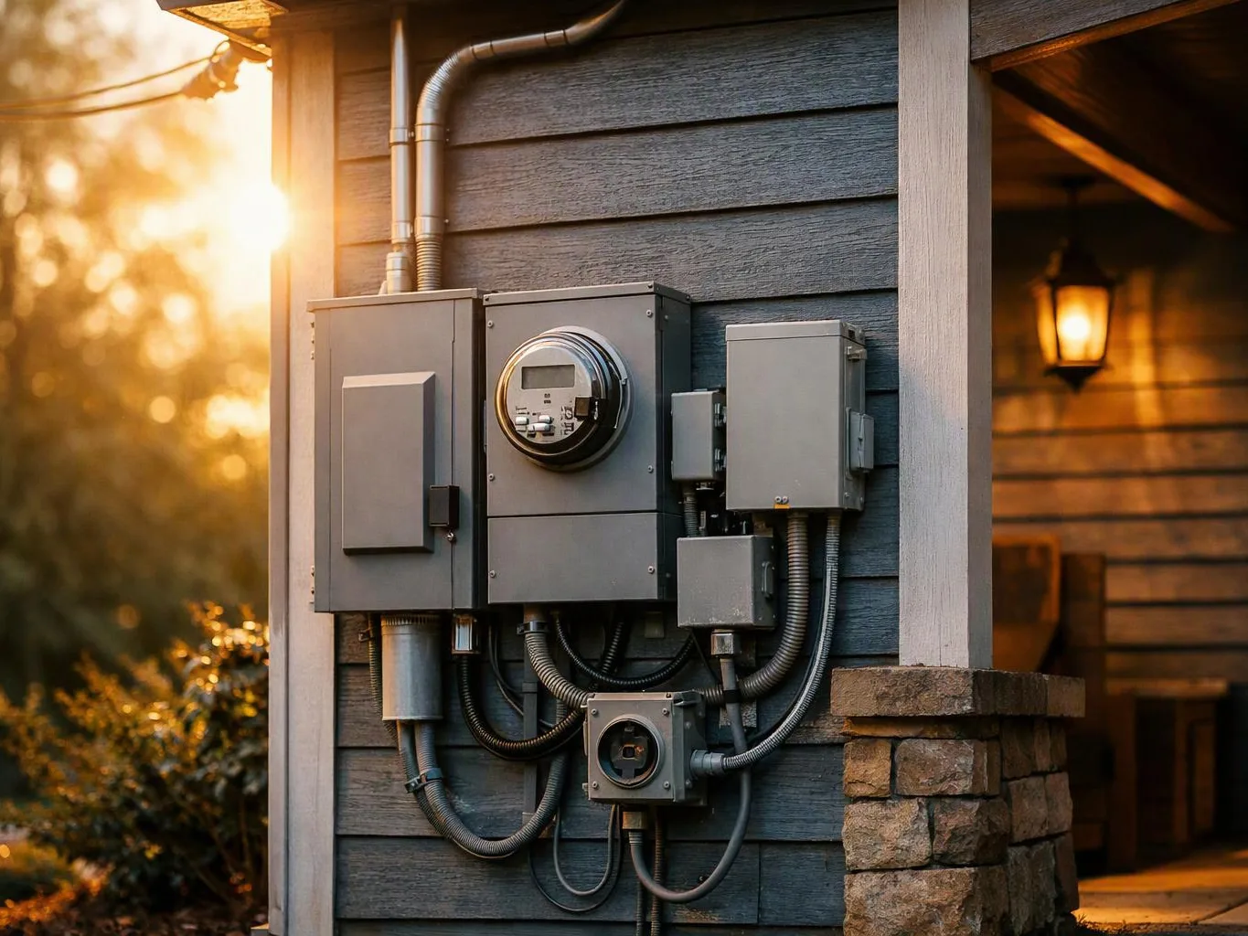 Gray electrical meter boxes and conduit are mounted on a house wall beside a lit porch lamp at sunset