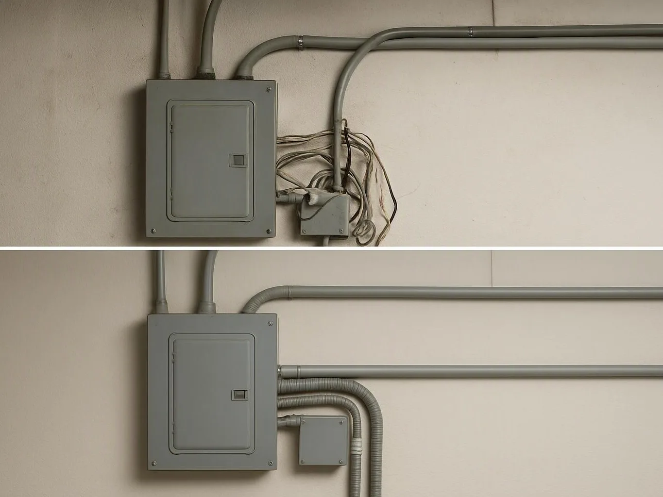 A gray electrical panel with conduits and loose wires is mounted on a plain wall, shown before and after neat rerouting