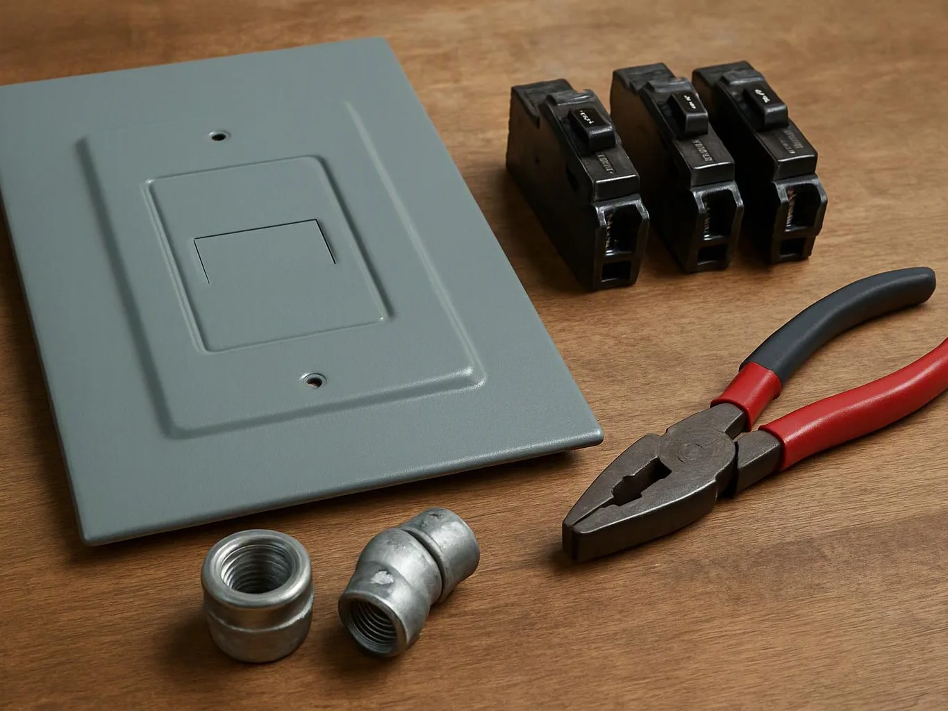 A gray electrical panel cover, three black breakers, two metal connectors, and red handled pliers sit on a wooden surface