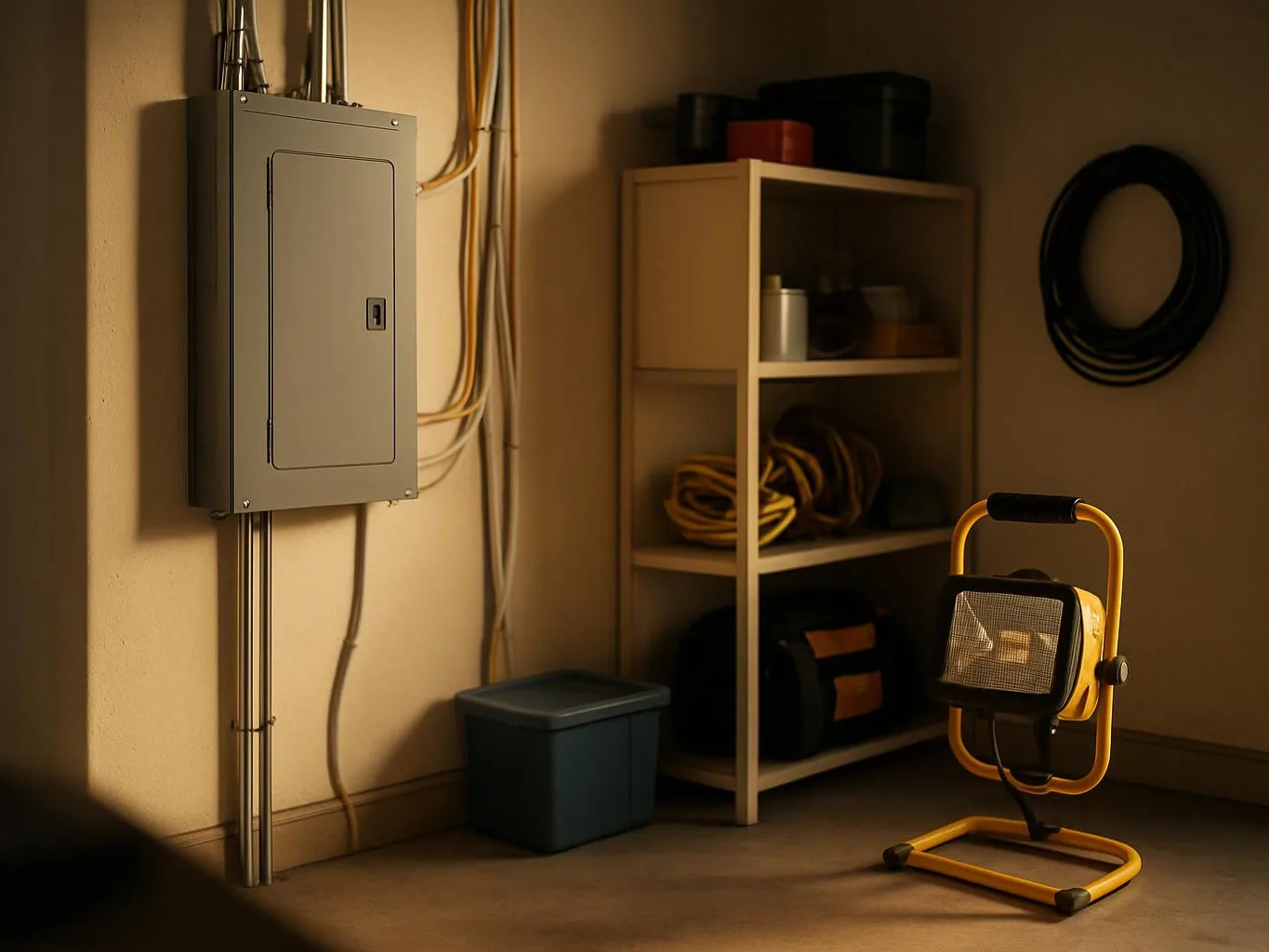 A gray electrical panel, shelves of tools and cords, and a yellow work light sit in a dim utility room