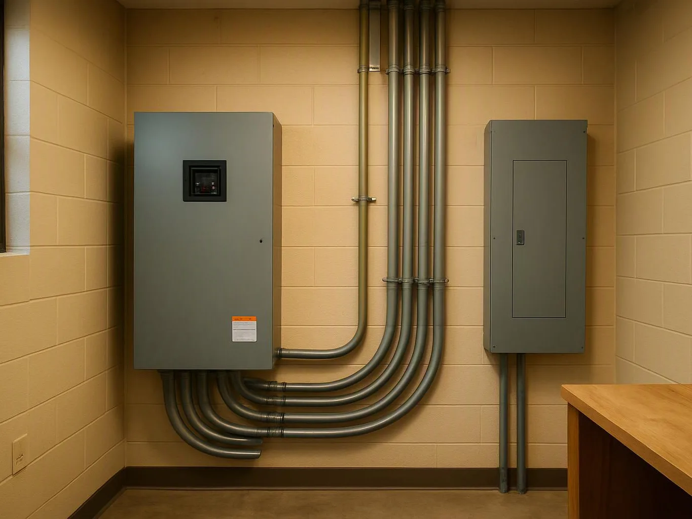 Gray electrical panels and metal conduit pipes line a beige utility room wall