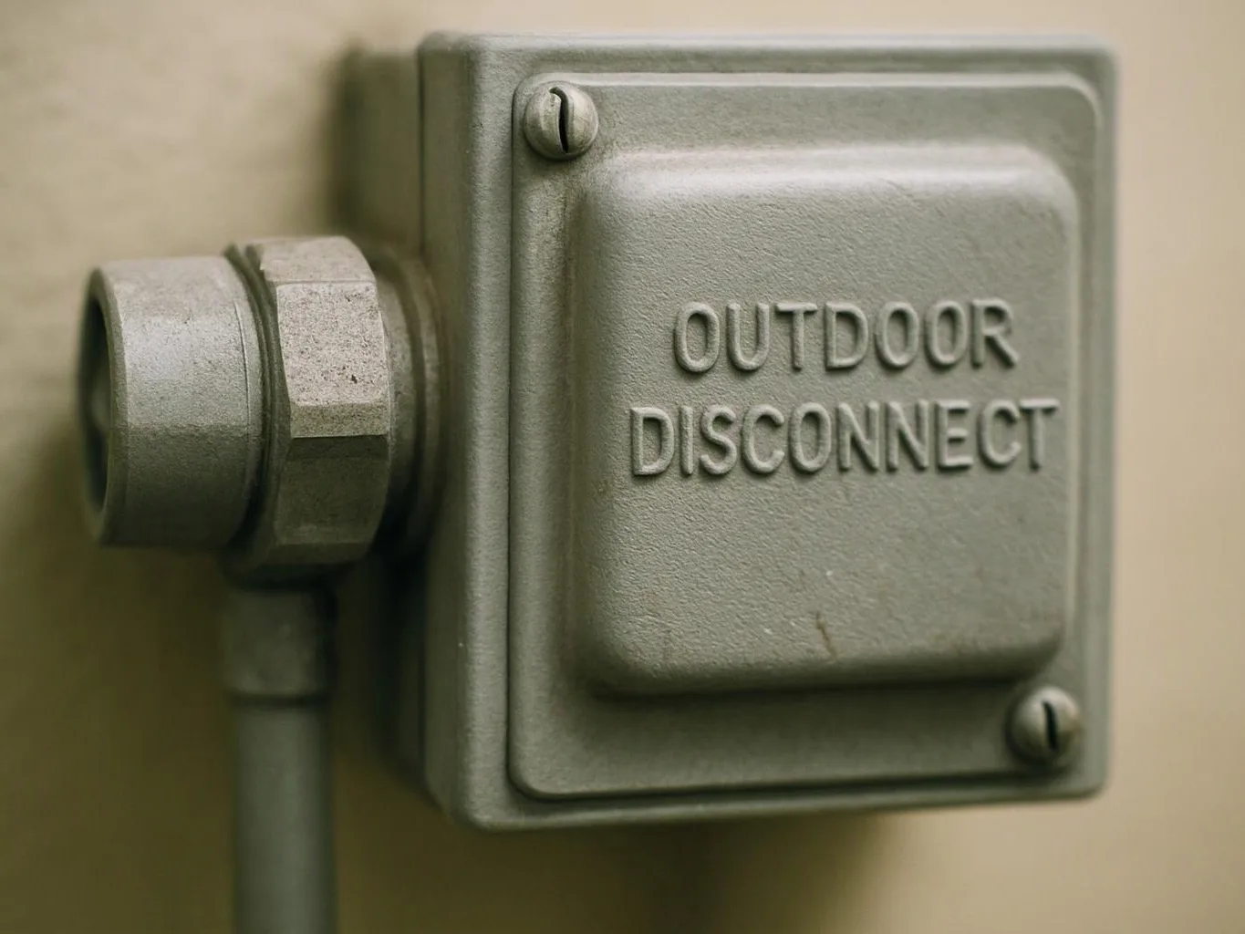 A gray metal outdoor disconnect box is mounted on a wall with conduit attached and raised lettering visible