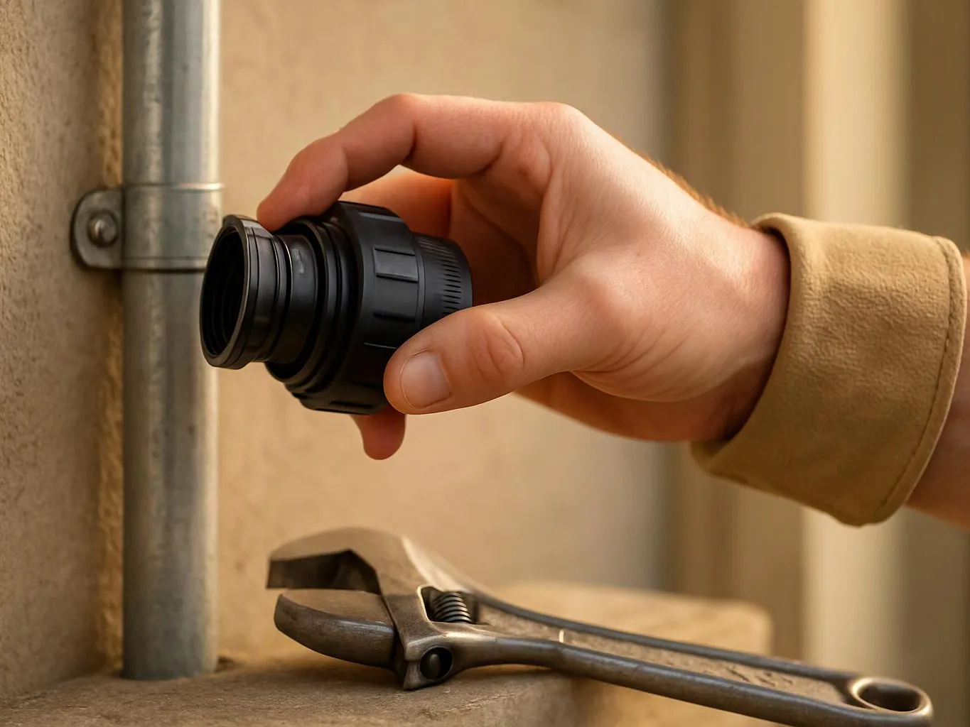 A hand holds a black camera lens near a pipe, with an adjustable wrench resting on a ledge