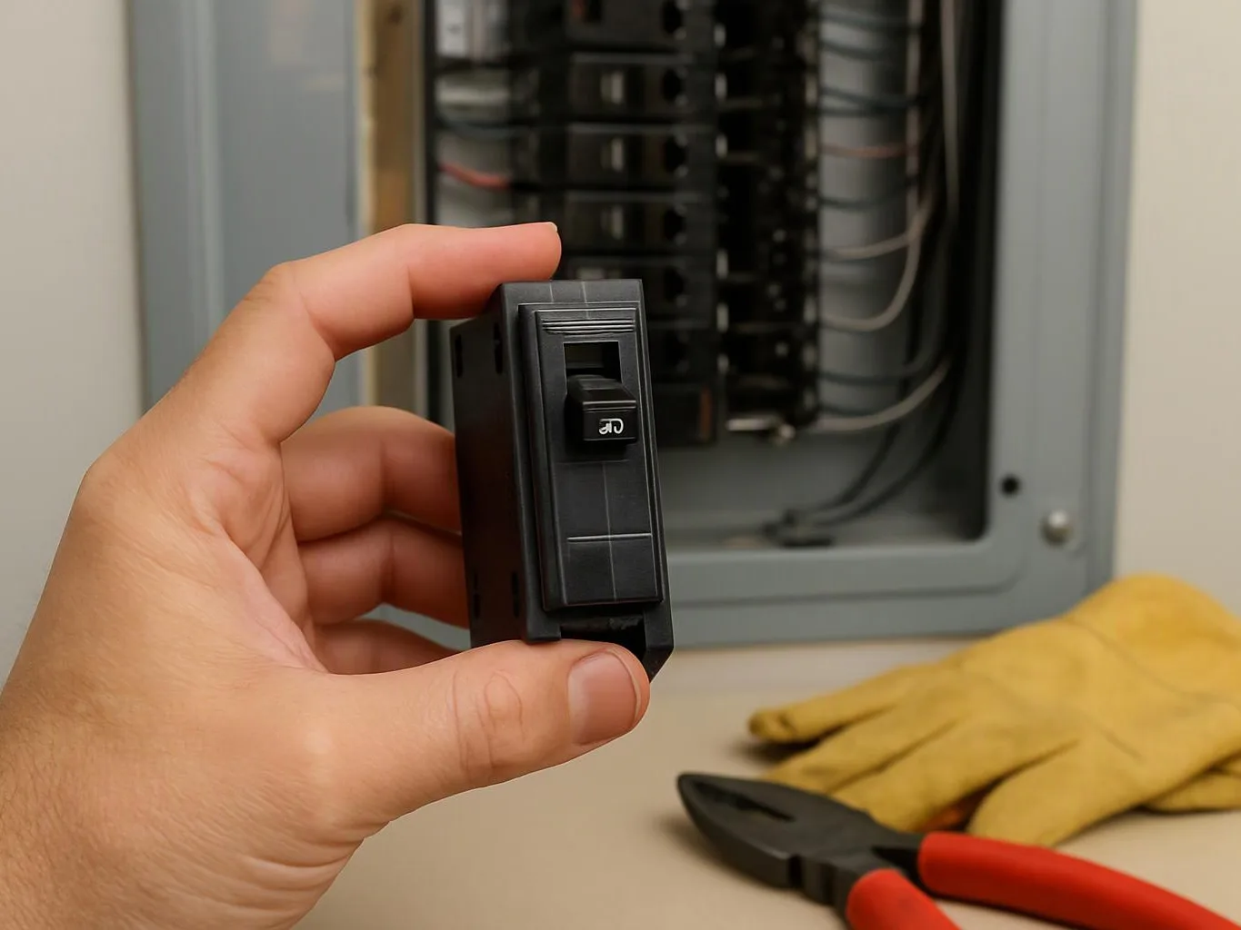 A hand holds a black circuit breaker in front of an open electrical panel, with gloves and pliers on a table