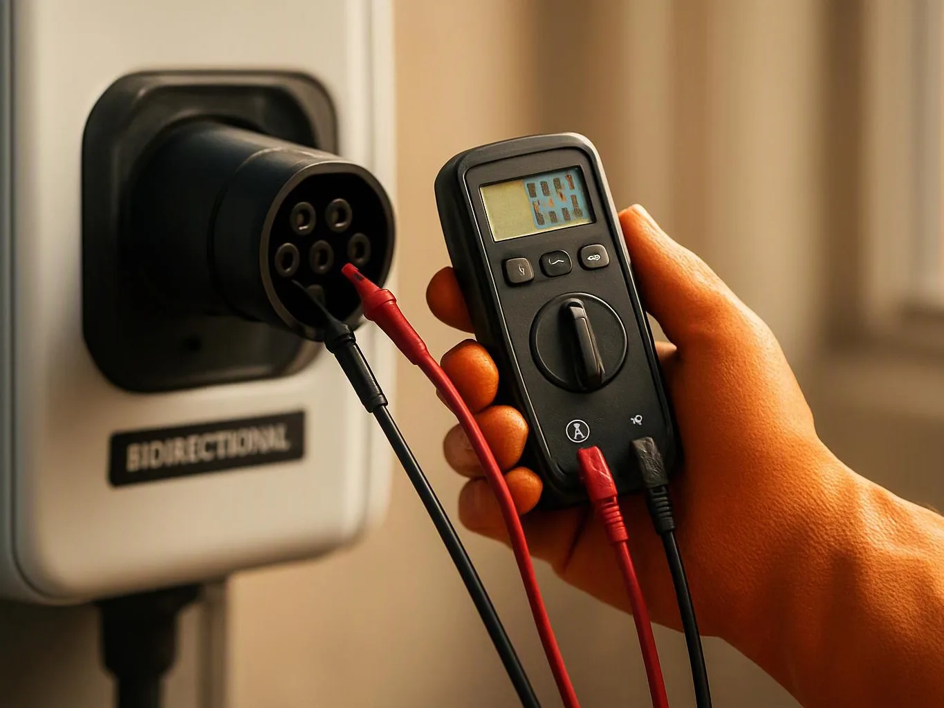 A hand holds a digital tester beside a wall charging port with red and black probes attached