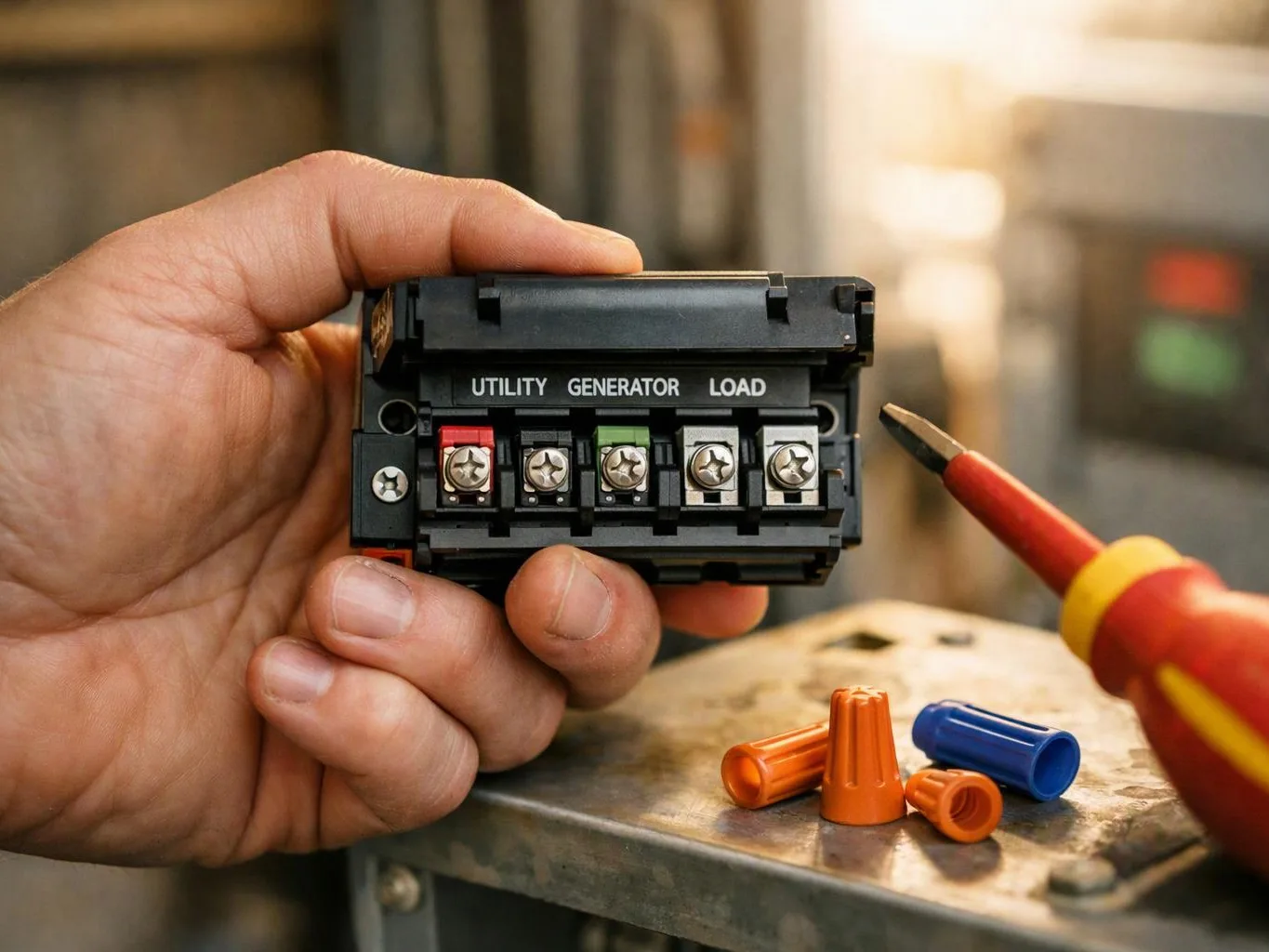 A hand holds a labeled electrical switch block while a screwdriver points beside wire nuts on a metal surface