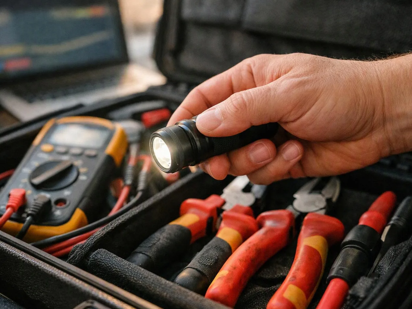 A hand holds a lit flashlight over a toolbox with multimeters and insulated pliers