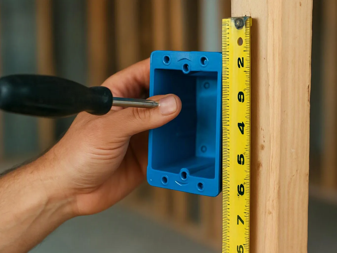 A hand holds a screwdriver beside a blue electrical box and yellow measuring tape on a wooden stud