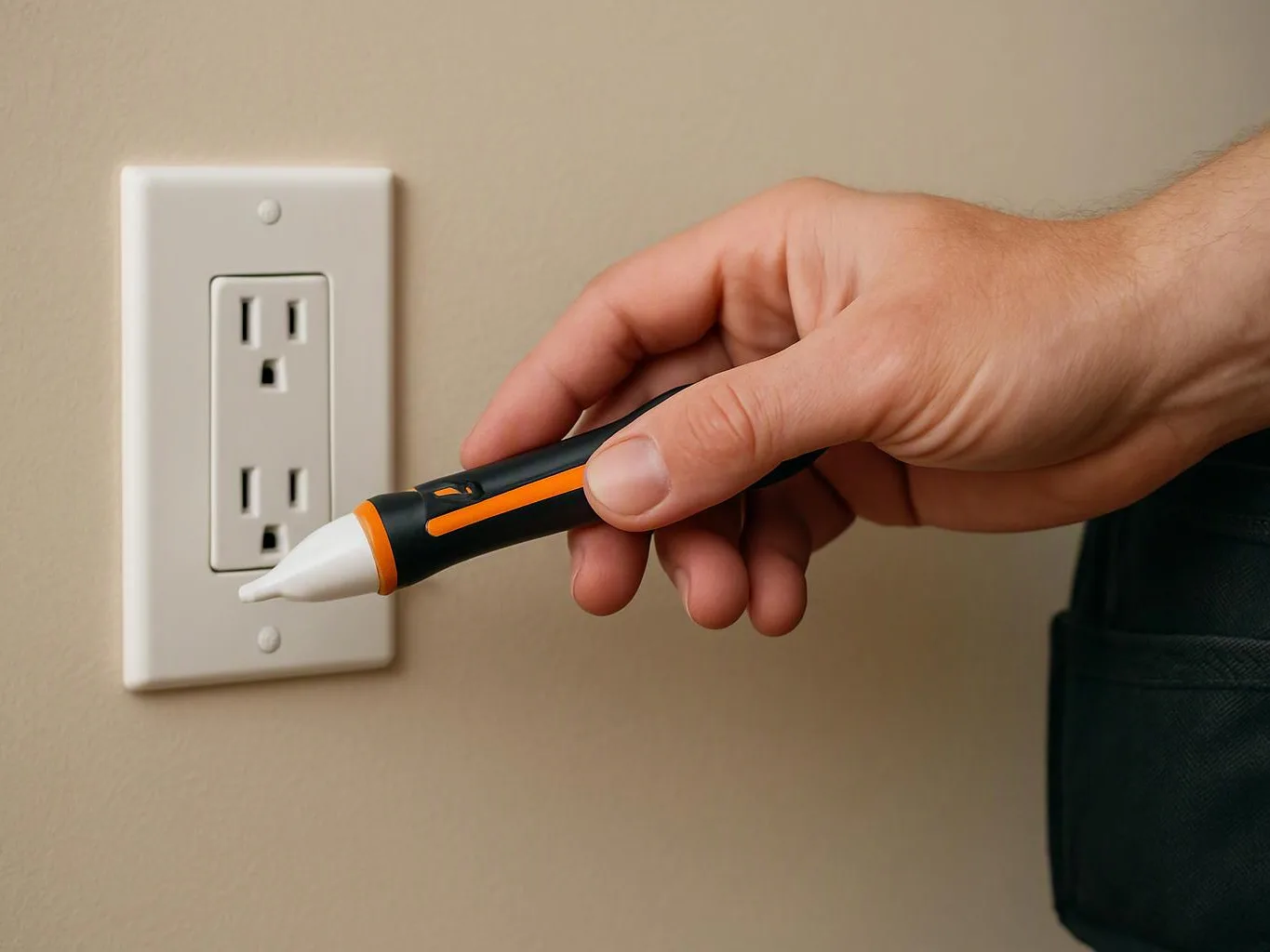 A hand holds a voltage tester near a wall outlet on a beige wall
