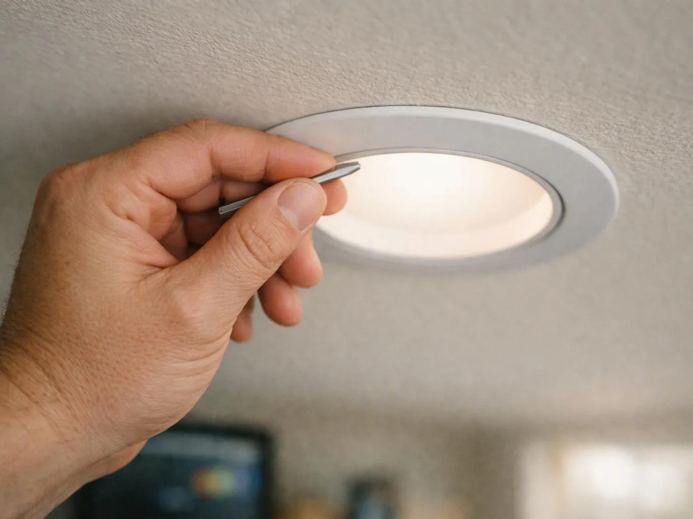 A hand inserts a metal tool into a recessed ceiling light set in a textured ceiling