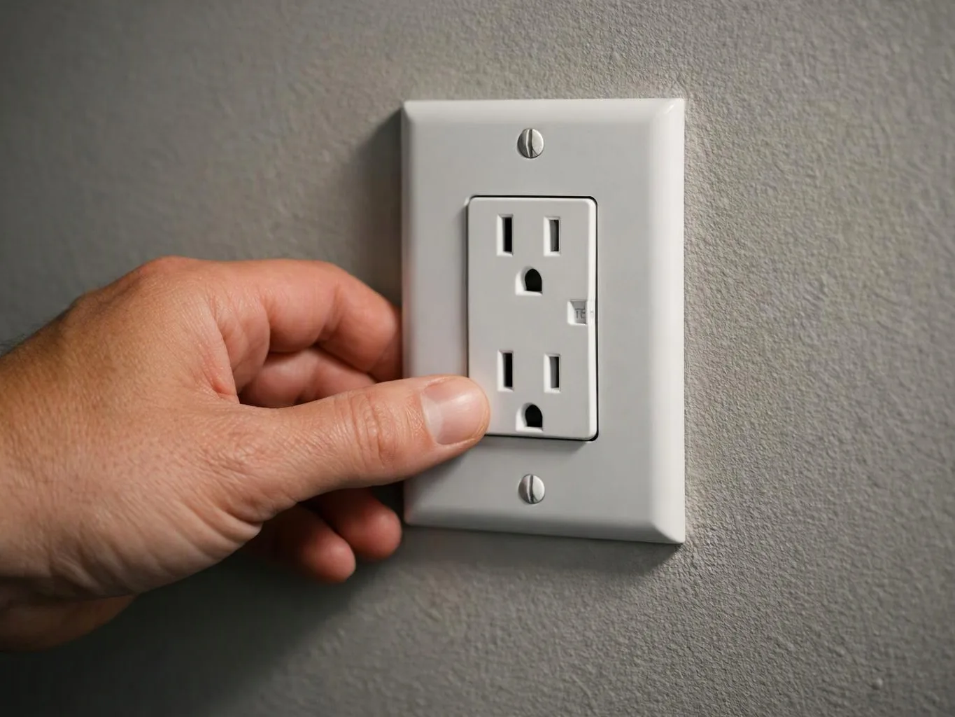 A hand presses on a white wall electrical outlet against a gray painted wall