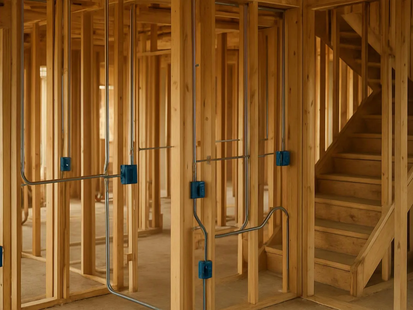 Exposed wooden house framing with metal electrical conduits and a staircase under construction