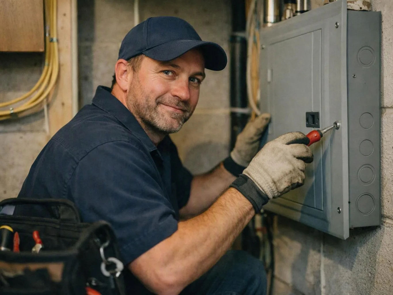 A smiling electrician in gloves adjusts a gray electrical panel in a basement-like utility space