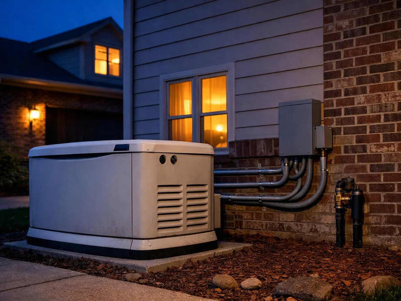 A home generator sits beside a brick wall at dusk, with lit windows glowing behind it