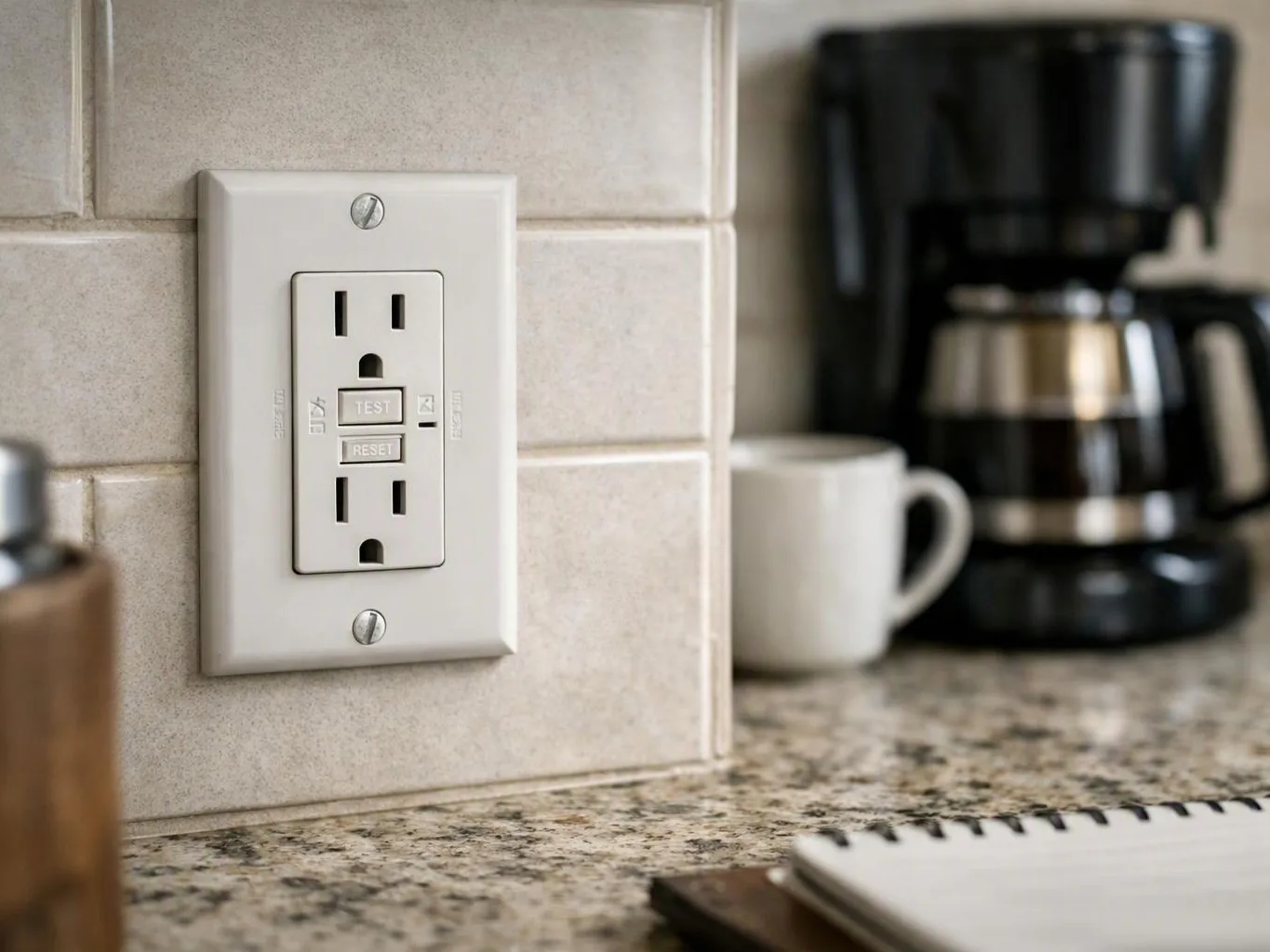 A kitchen wall outlet sits beside a coffee maker, mug, and notebook on a speckled countertop