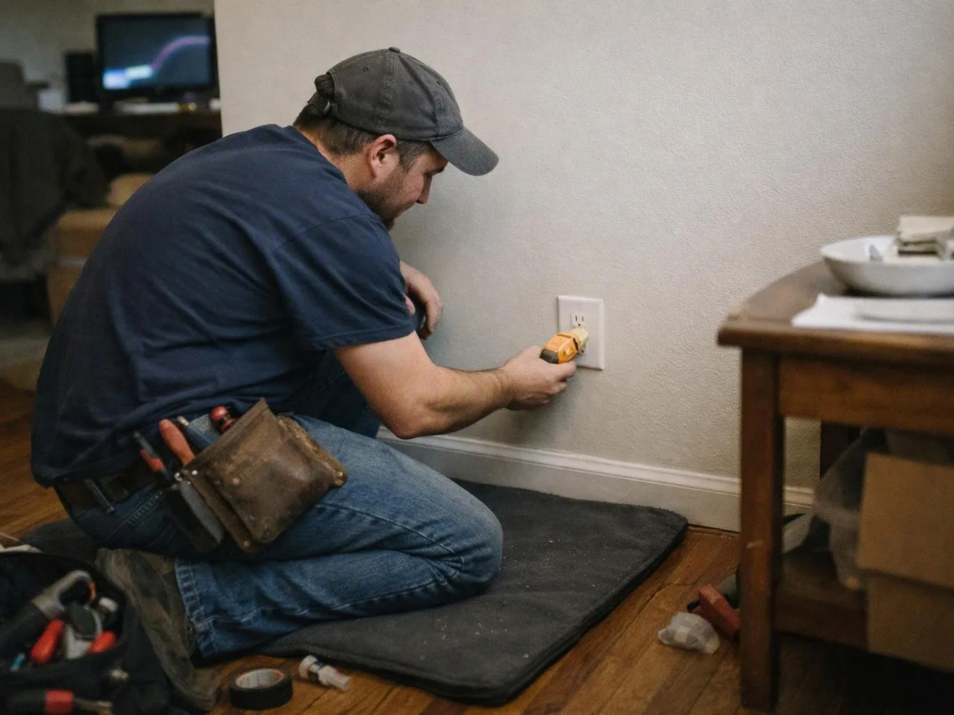 A kneeling handyman uses a yellow tool to work on a wall outlet beside a wooden table